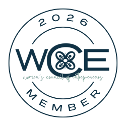2026 Women's Council of Entrepreneurs (WCE) official member badge featuring a circular navy blue seal with the organization's logo.