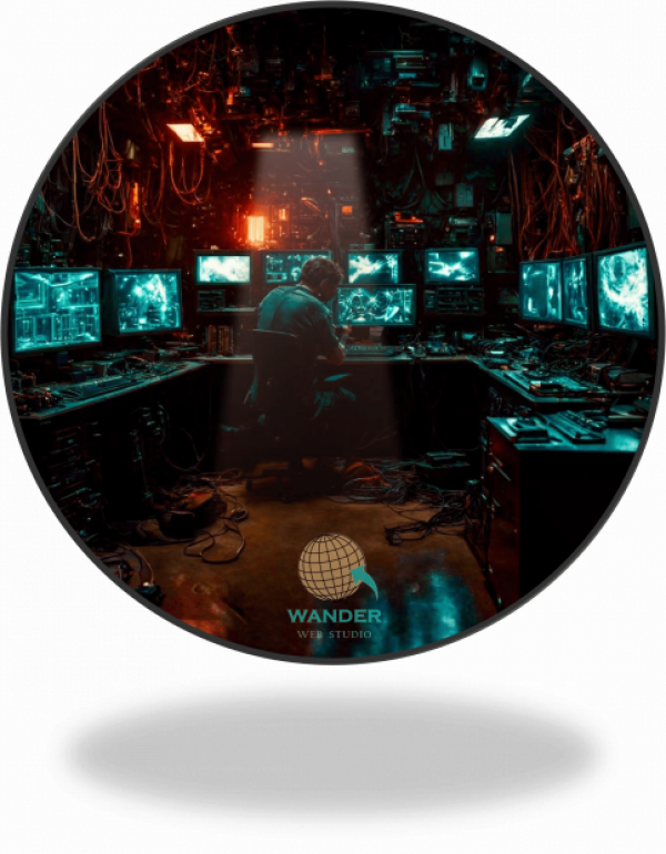 A circular-cropped photo showing a developer in a dark room filled with multiple glowing computer monitors, featuring the Wander Web Studio logo.