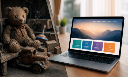 Website self-evaluation split comparison showing dusty, cobweb-covered vintage toys contrasting with a sleek, modern laptop displaying a vibrant website layout.