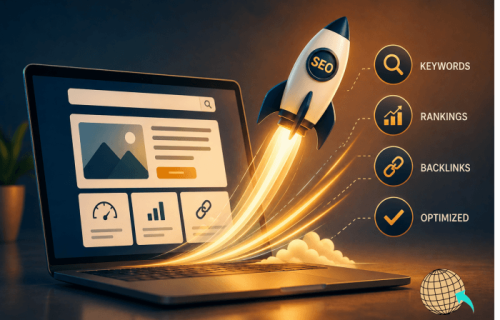 Website self-evaluation conceptual graphic showing a 3D SEO rocket launching from a laptop screen alongside icons for keywords, rankings, backlinks, and optimization by Wander Web Studio.