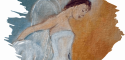 Florinda's Designs angel painting. A stylized painting of an angel-like figure with large, shimmering white wings, set against a background of soft blue and textured gold.