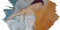 Florinda's Designs angel painting. A stylized painting of an angel-like figure with large, shimmering white wings, set against a background of soft blue and textured gold.