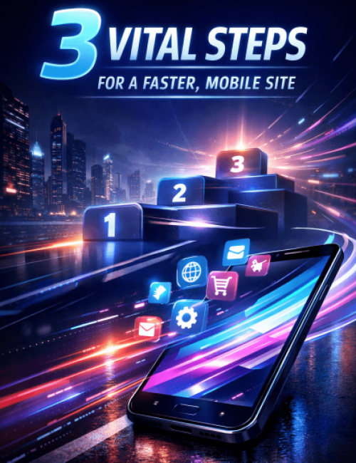 A high-energy, futuristic digital scene featuring a smartphone in the foreground with glowing app icons. In the background, three numbered podiums (1, 2, and 3) sit under the heading "3 VITAL STEPS FOR A FASTER, MOBILE SITE" amidst vibrant light trails and a night city skyline.