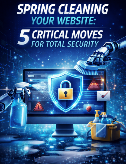 A futuristic digital security scene where robotic arms use a spray bottle and scrub brush to "clean" a computer monitor. The screen displays a large glowing shield with a padlock icon, surrounded by the text "SPRING CLEANING YOUR WEBSITE: 5 CRITICAL MOVES FOR TOTAL SECURITY."
