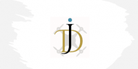 A professional drone-themed logo featuring "JD" initials in black and gold with a subtle quadcopter silhouette, centered on a white paint-stroke splash.